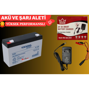 Yokohama 6 Volt 12 Amper Akü ve Ortec 6 Volt 3 Amper Şarj Aleti Yokohama 6 Volt 12 Amper Akü ve Ortec 6 Volt 3 Amper Şarj Aleti